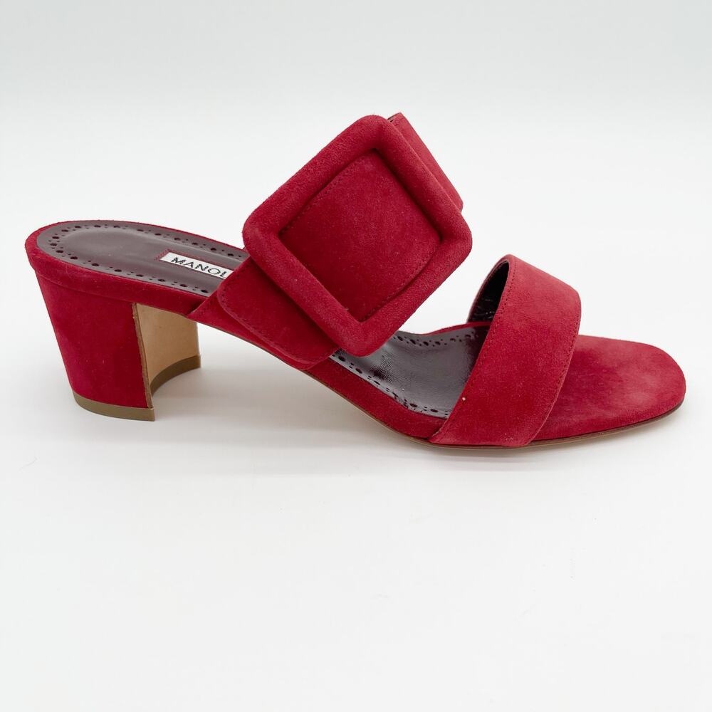 Manolo Blahnik Titubanew Red Suede Open Toe Buckle Mule Sandals Heels IT 37 - Picture 4 of 12